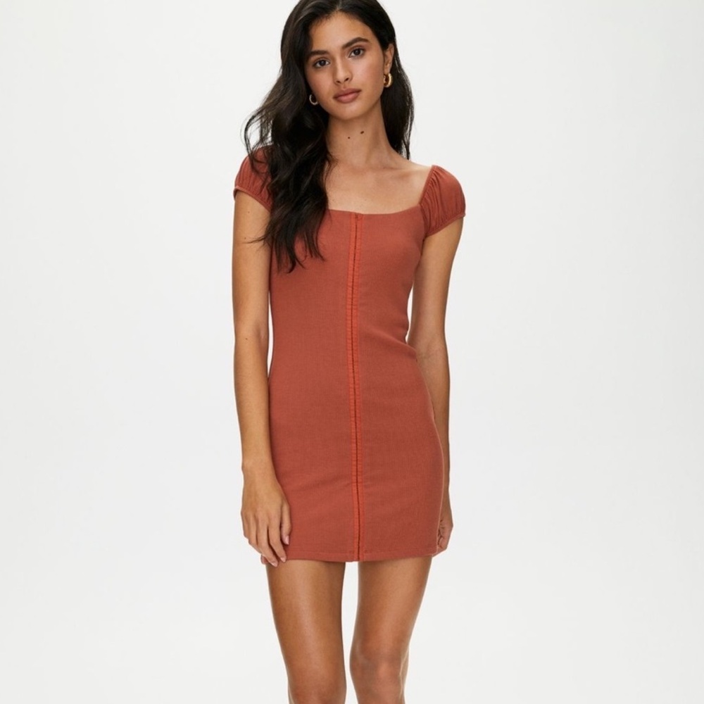 Aritzia Wilfred Free Fortune Dress Ribbed Mini Bodycon Puff Sleeve Stretch XS
